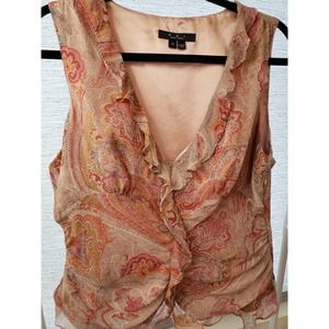 ECI New York Print Small flowing ruffle at neck/chest line with zip side